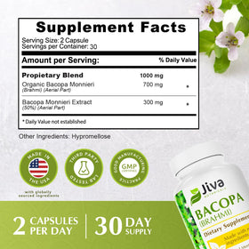 Flacon de Jiva Botanicals Bacopa Monnieri 1000mg sur une table