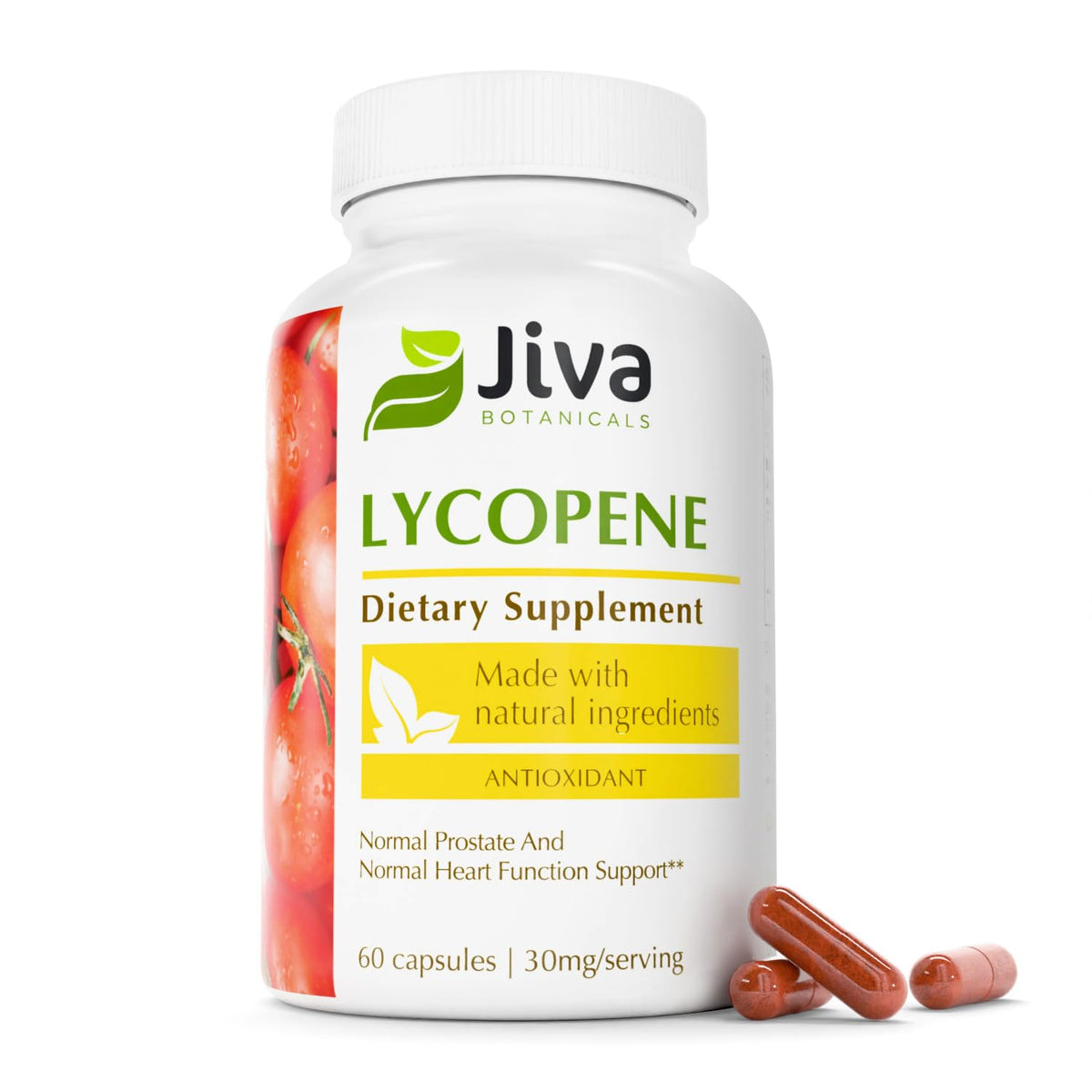 Flacon de Jiva Botanicals Lycopène 30mg 60 capsules vue de face