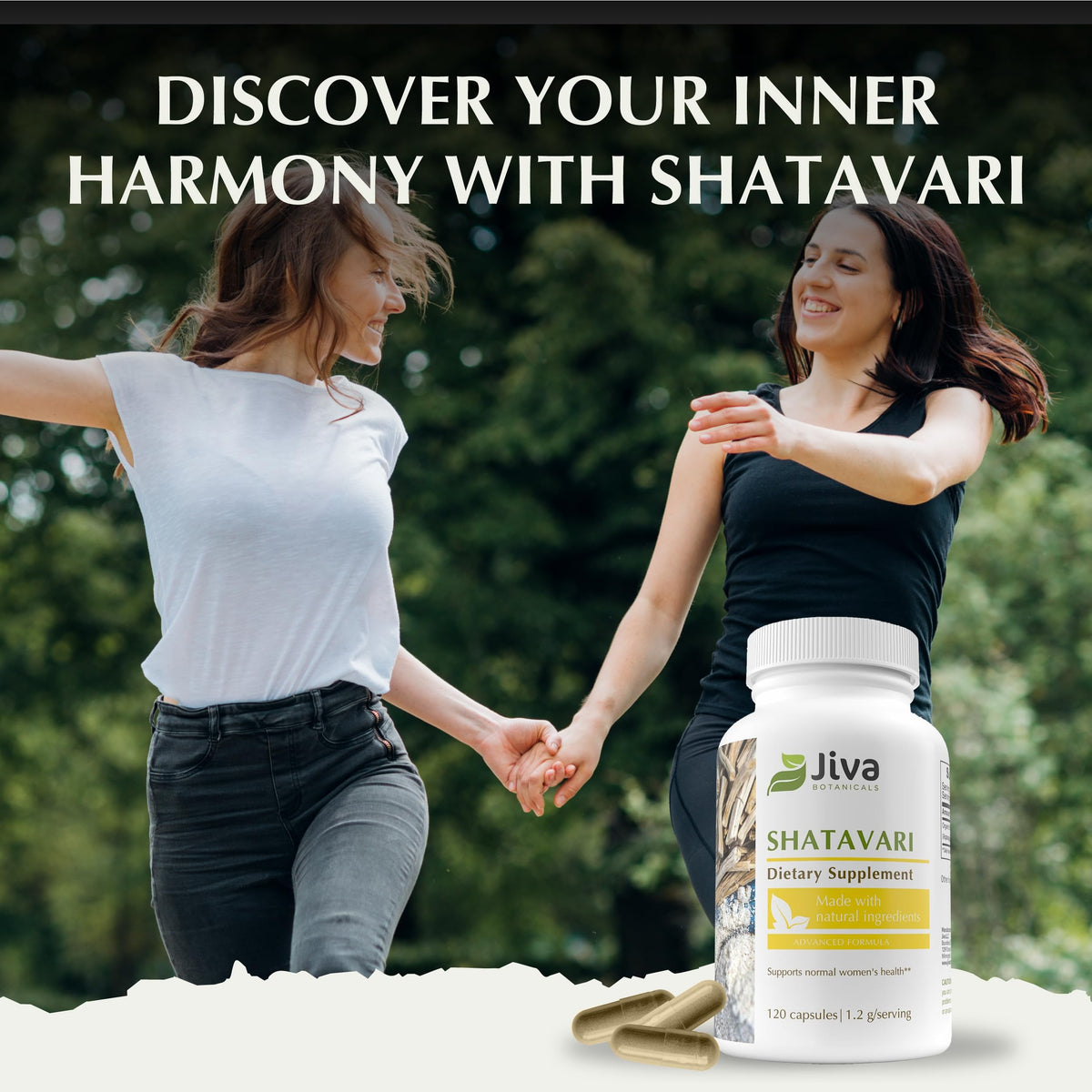 Flacon de Jiva Botanicals Shatavari avec capsules visibles