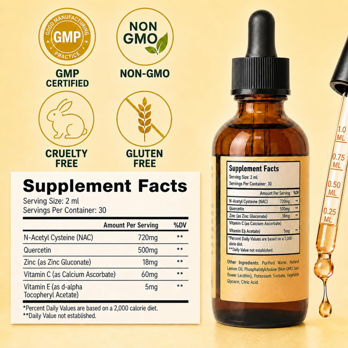 Flacon de Jorvinl NAC 1000mg avec dosage de 2ml sur une cuillère