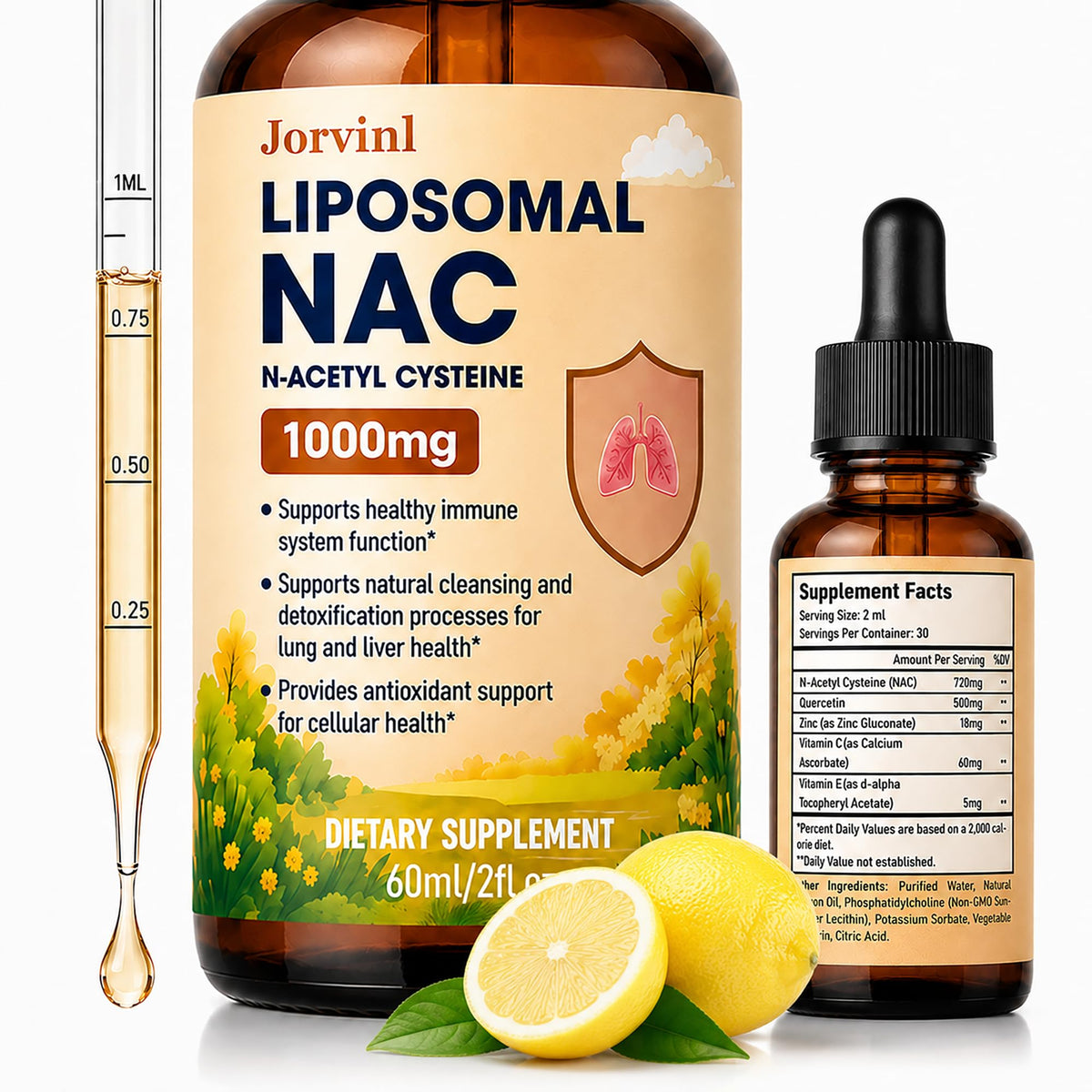 Flacon de Jorvinl NAC 1000mg liquide avec étiquette détaillant la composition