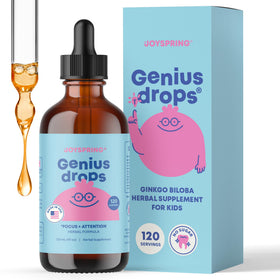 Flacon de JoySpring Genius Kids Focus Drops Ginkgo Biloba 120 Ct vue de face