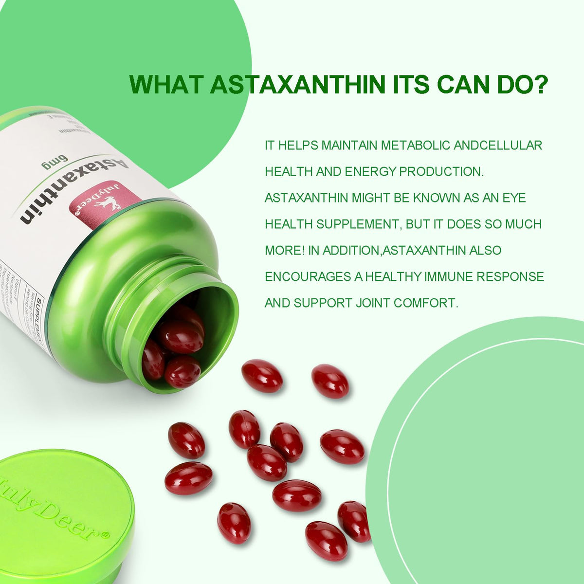 Flacon de JulyDeer Astaxanthin 6 mg ouvert avec gélules à l'intérieur