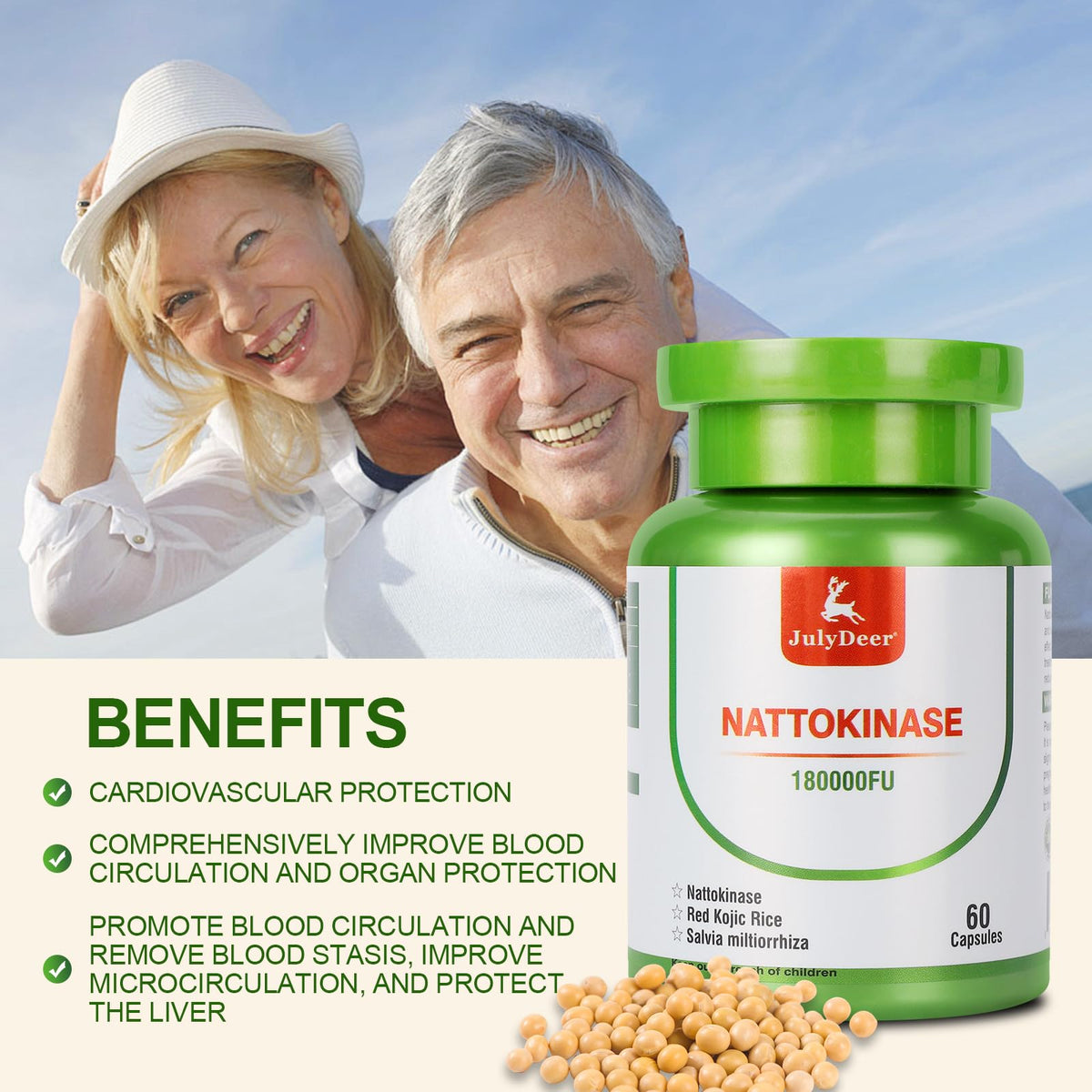 Flacon de JulyDeer Nattokinase avec capsules à côté