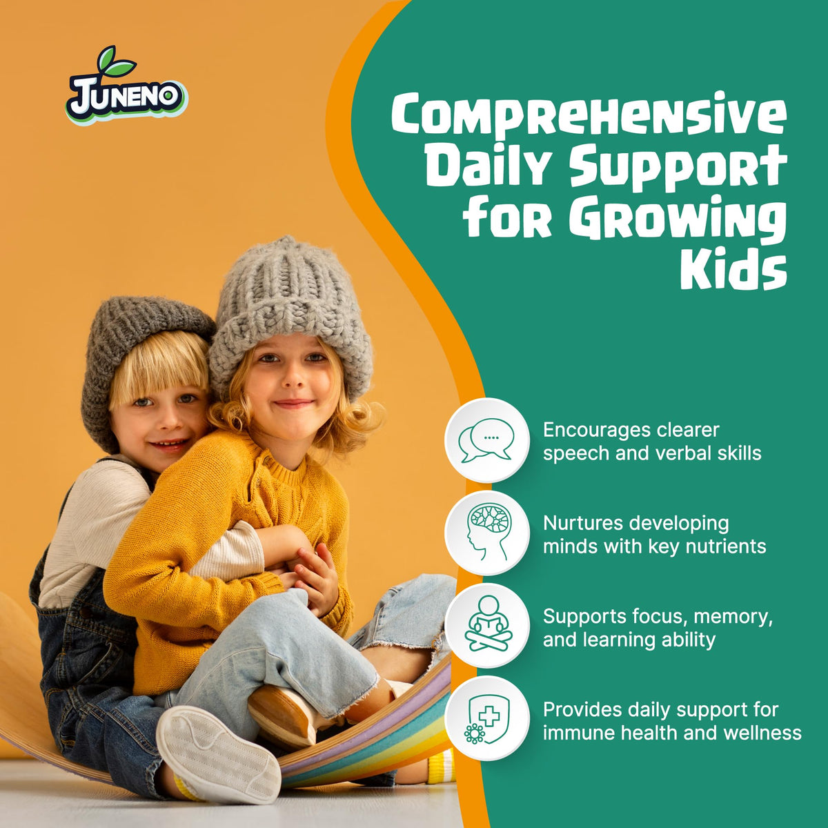 Flacon de Juneno Complément Alimentaire pour Enfants avec étiquette visible