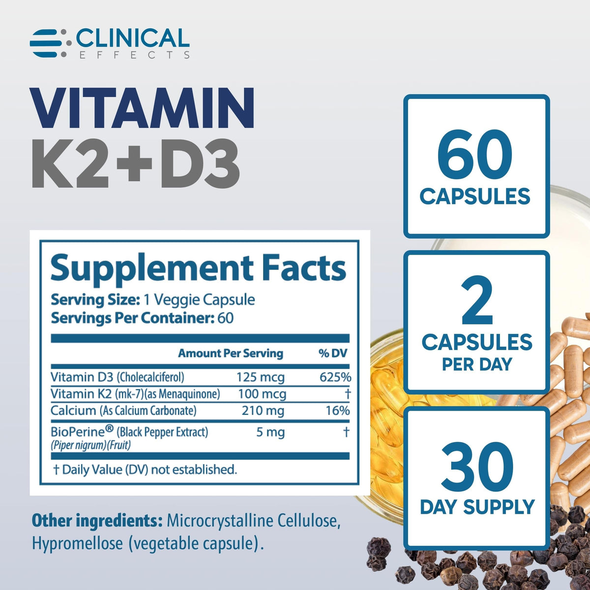 Flacon de K2 + D3 ouvert montrant les capsules