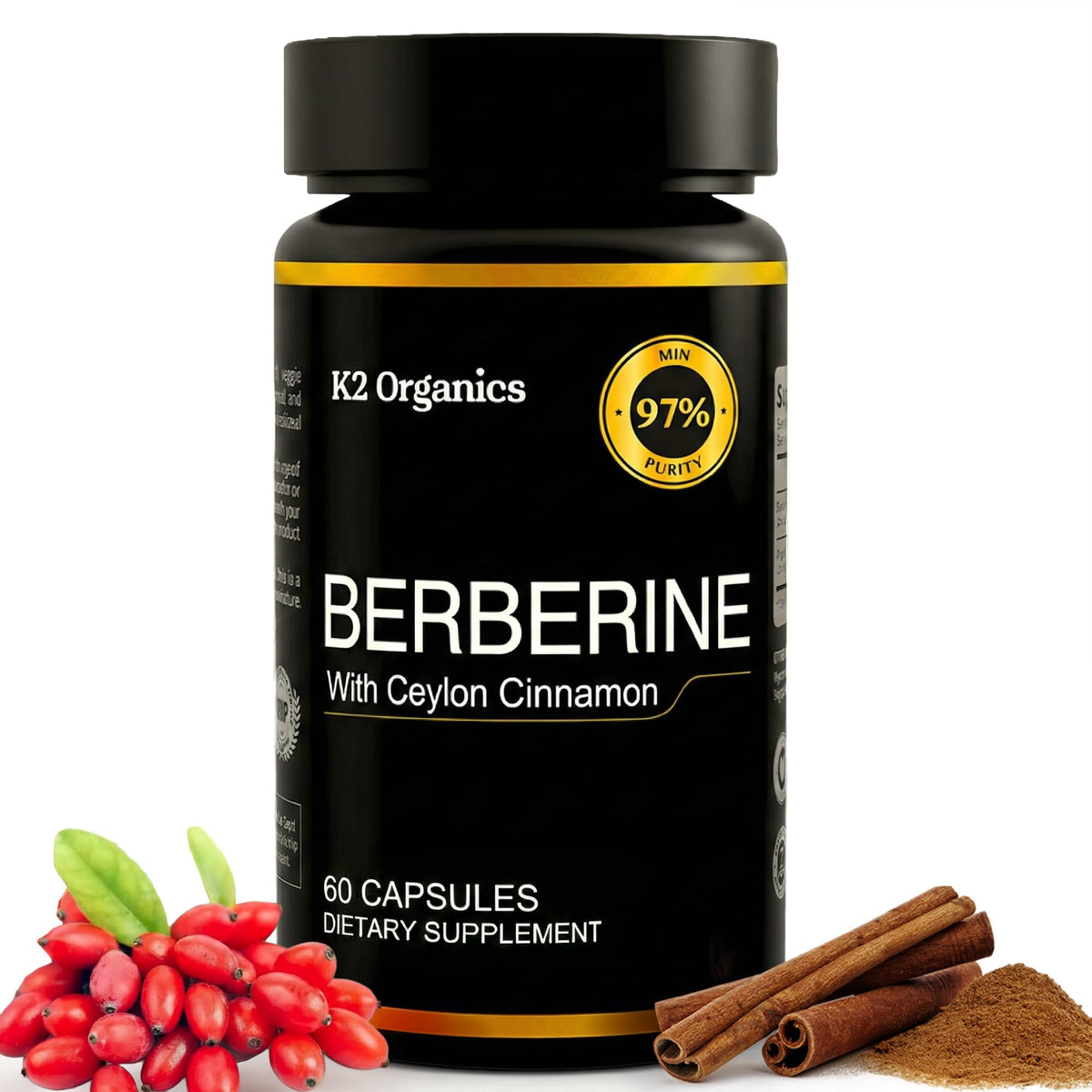 Flacon de K2 Organics Berberine 1200 mg avec Cannelle de Ceylan vue de face