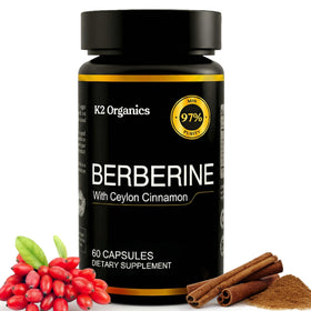 Flacon de K2 Organics Berberine 1200 mg avec Cannelle de Ceylan vue de face