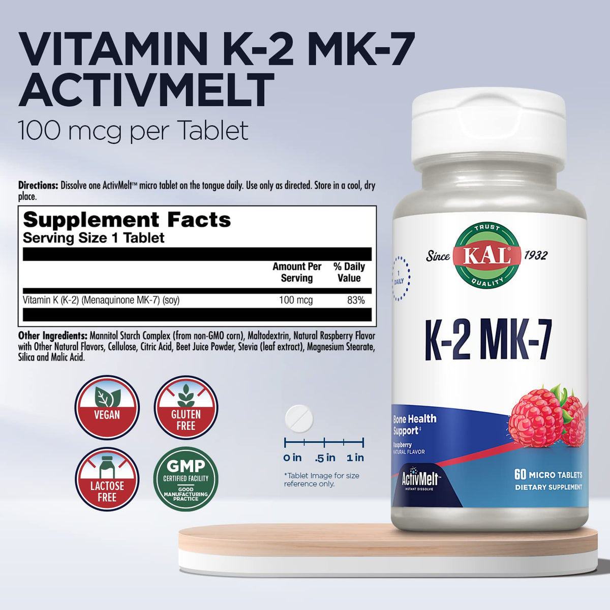 Flacon de KAL K2 MK7 100 mcg avec étiquette