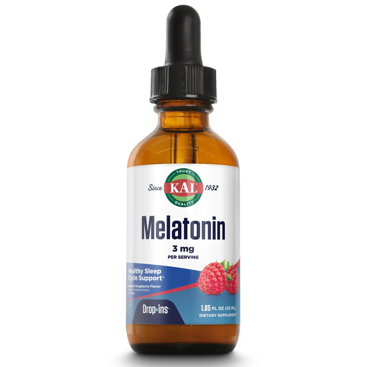 Flacon de KAL Melatonin DropIns 3mg, saveur framboise, vue de face