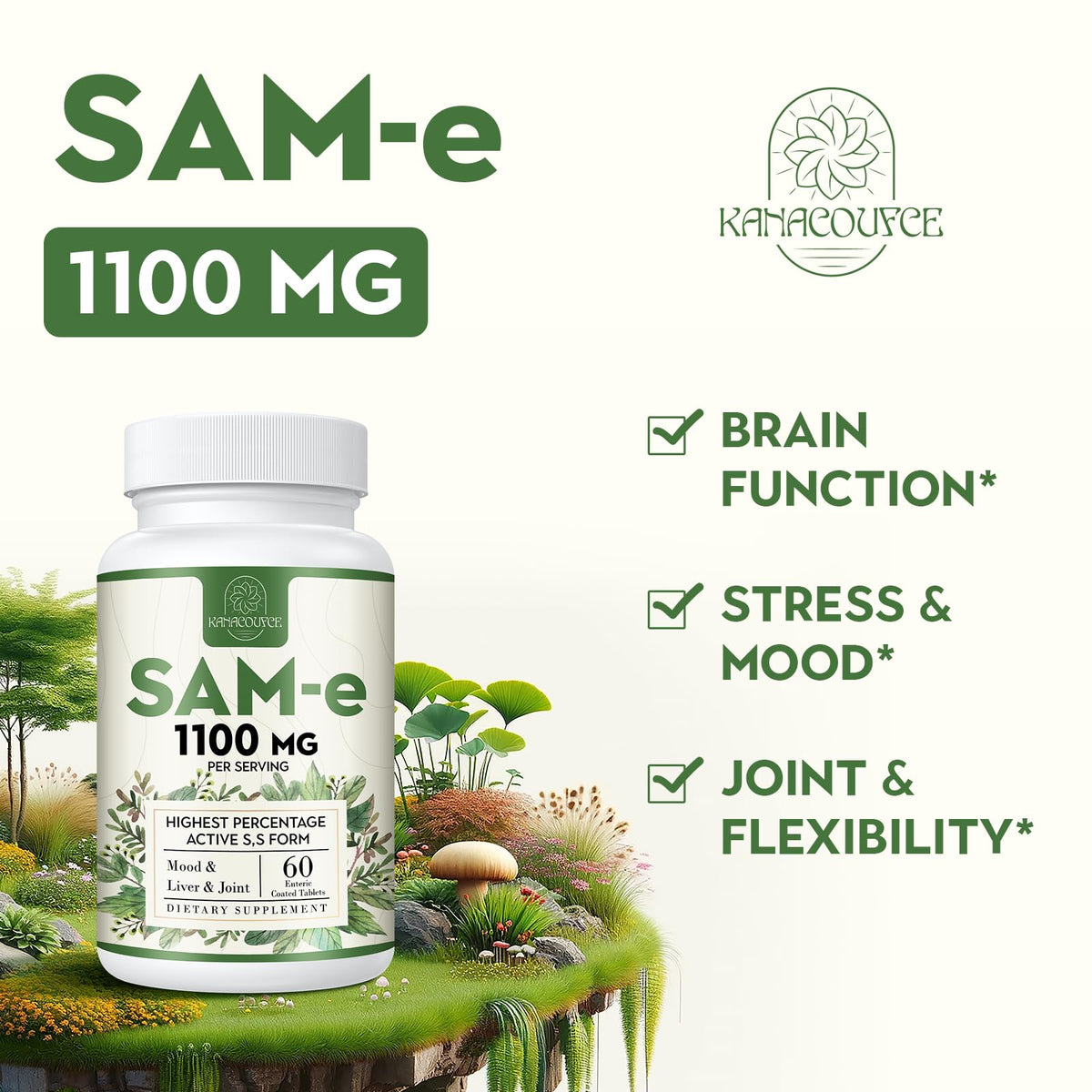 Flacon de Kanacoufce SAM-e 1100mg avec étiquette visible