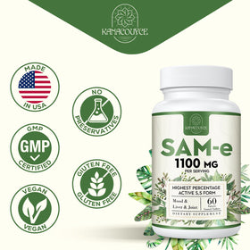 Flacon de Kanacoufce SAM-e 1100mg sur un fond en bois