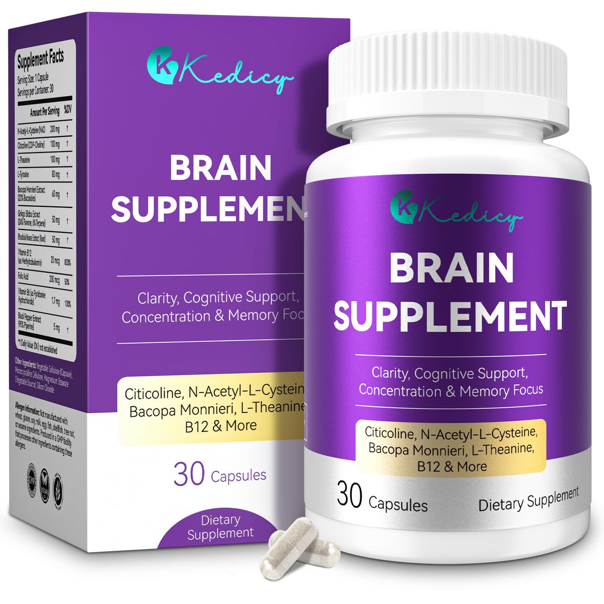 Flacon de Kedicy Compléments Alimentaires Cerveau 11 en 1 30 Capsules