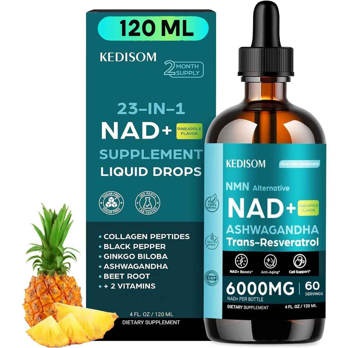 Flacon de KEDISOM NAD+ Liposomal 120 ml saveur ananas vue de face