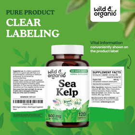 Flacon de kelp marin Wild & Organic sur un fond neutre