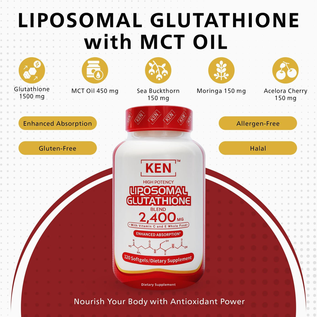 Flacon de KEN Glutathion Liposomal 2400mg sur fond blanc