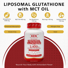 Flacon de KEN Glutathion Liposomal 2400mg sur fond blanc