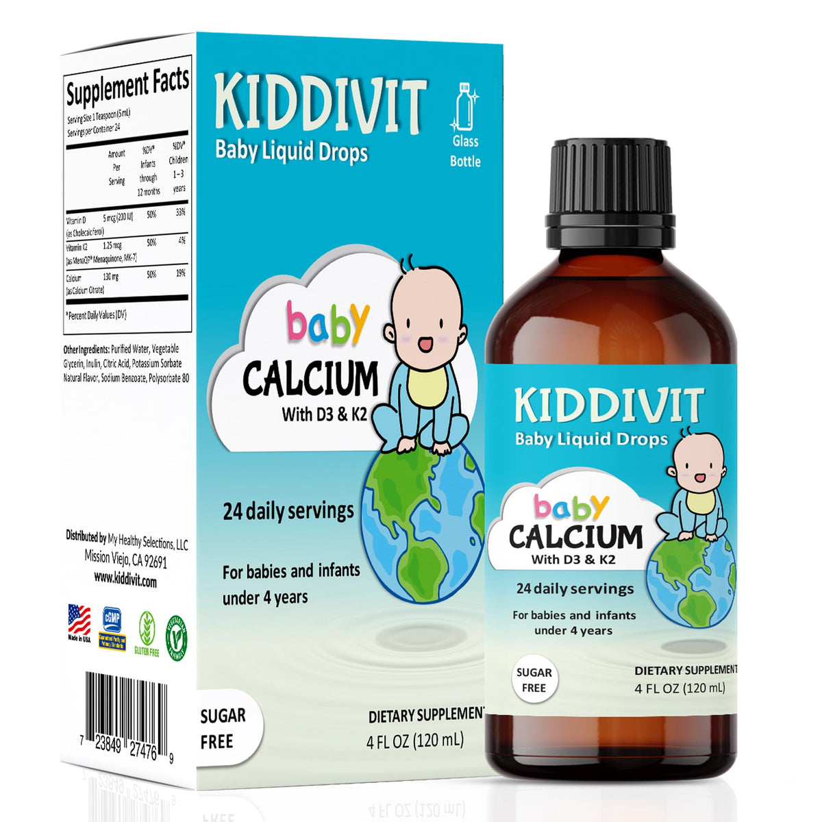Flacon de Kiddivit Complément Alimentaire Liquide Calcium 130mg avec Vitamines D3 et K2