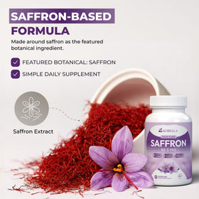 Flacon de KORELLA Complément Alimentaire Safran 88,5 mg ouvert avec capsules visibles