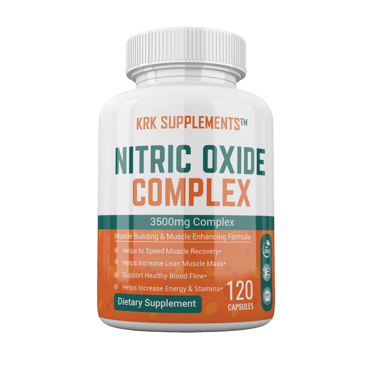 Flacon de KRK SUPPLEMENTS Complexe d'Oxyde Nitrique 3500mg 120 Capsules vue de face