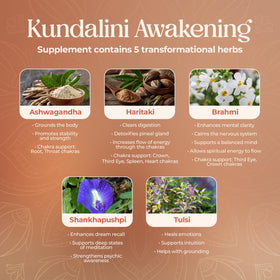 Flacon de Kundalini Awakening sur une table avec des herbes