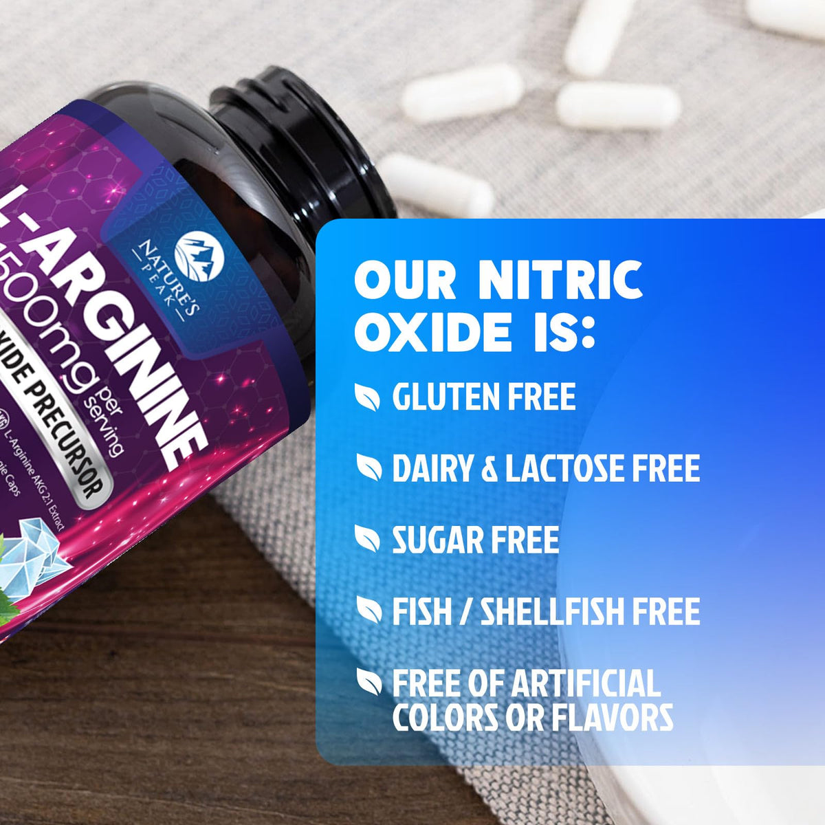Flacon de L-Arginine Complex sur une table en bois