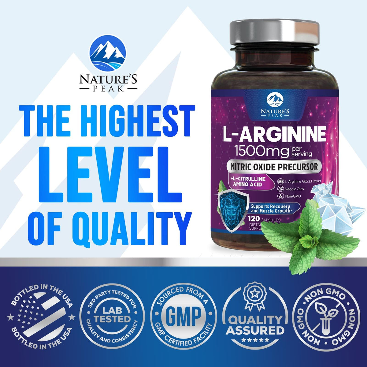 Flacon de L-Arginine Nature's Peak avec capsules visibles