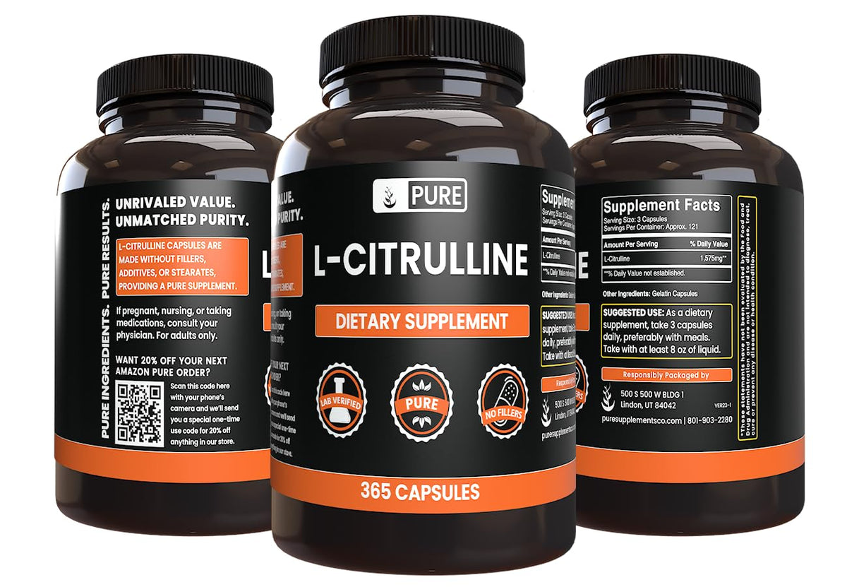 Flacon de L-Citrulline PURE ORIGINAL INGREDIENTS sur une surface blanche