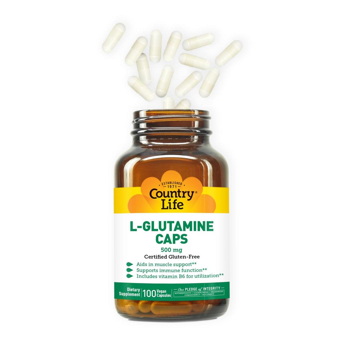 Flacon de L-Glutamine 500 mg avec B6 de Country Life ouvert