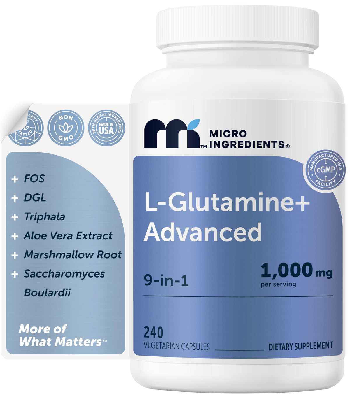 Flacon de L-Glutamine+ Advanced 1000mg de Micro Ingredients vue de face