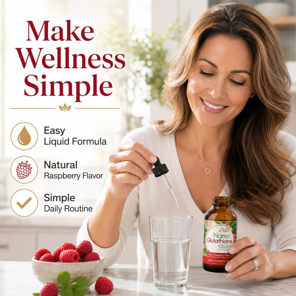 Flacon de L-Glutathione Divine Health sur une table en bois