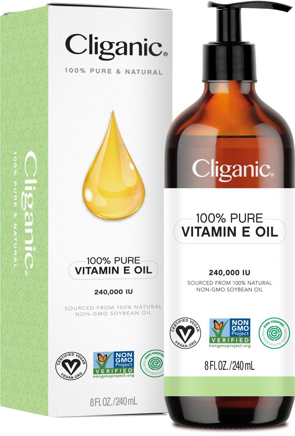 Flacon de l'huile de vitamine E pure Cliganic 240ml vue de face