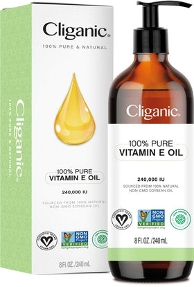 Flacon de l'huile de vitamine E pure Cliganic 240ml vue de face