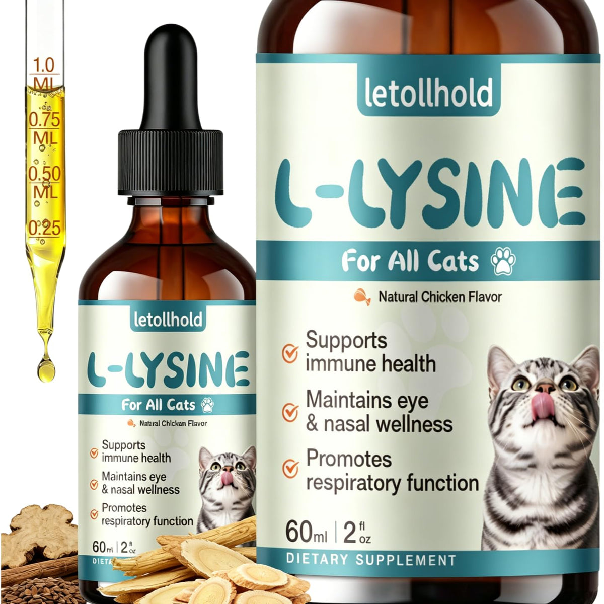 Flacon de L-Lysine Liquide pour Chats 60ml au goût de poulet