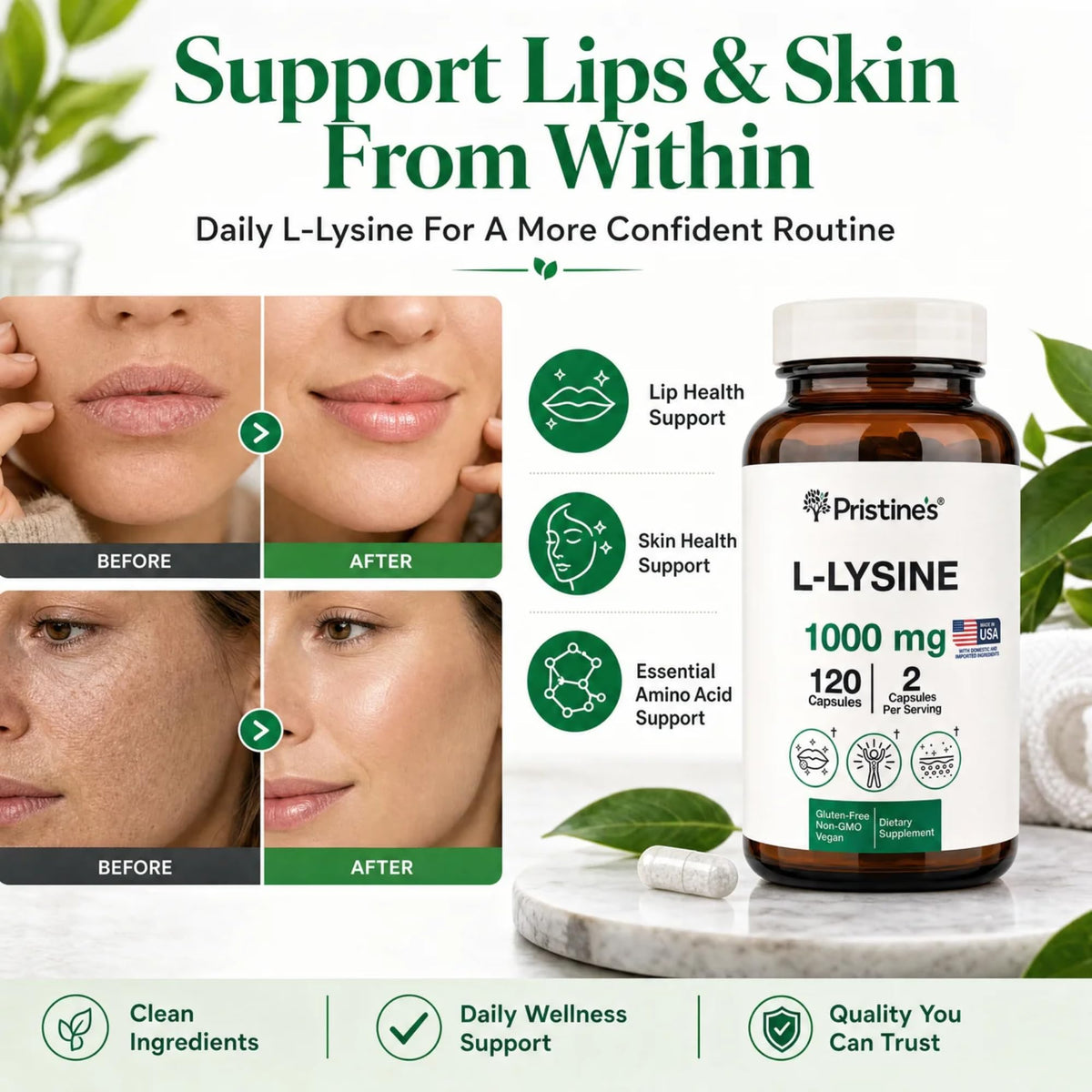Flacon de L-Lysine PRISTINE'S avec capsules à côté
