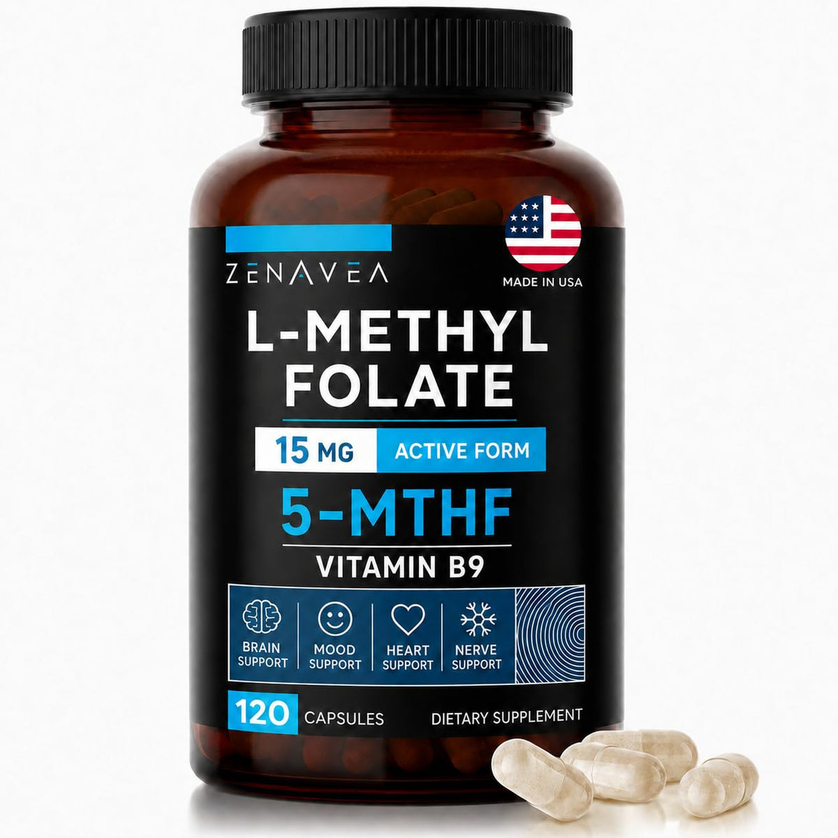 Flacon de L-Méthylfolate 15mg Zenavea avec 120 capsules vegan
