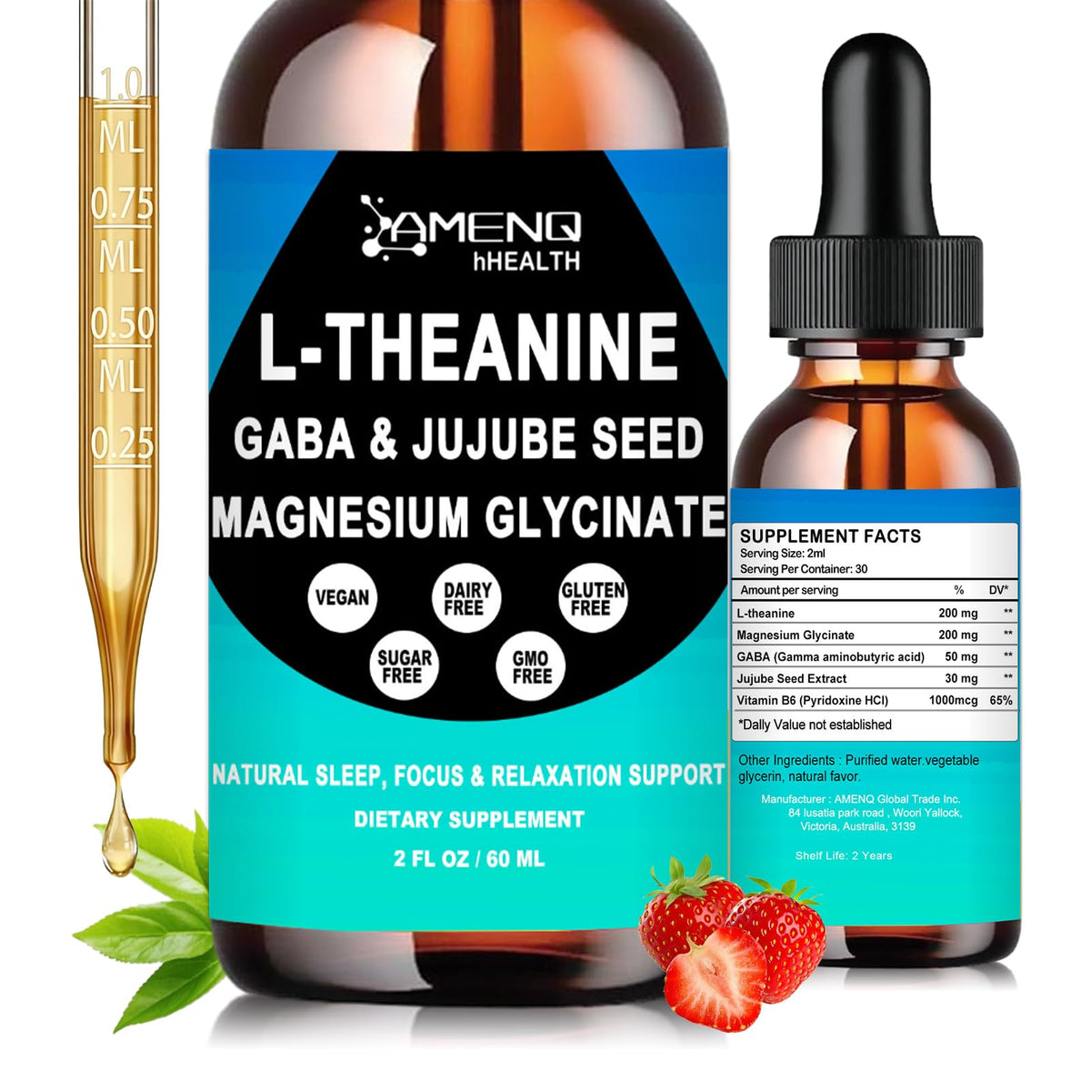 Flacon de L-Theanine 200mg d'AMENQ hHEALTH vue de face