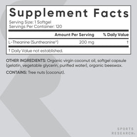 Flacon de L-Theanine 200mg de Sports Research sur une surface en bois
