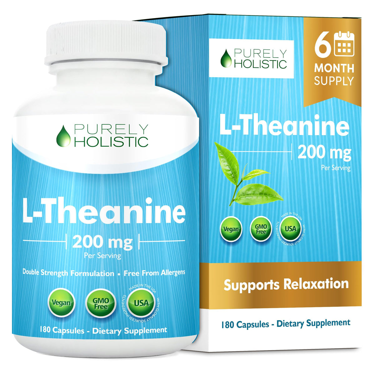 Flacon de L-Theanine 200mg Purely Holistic avec 180 capsules