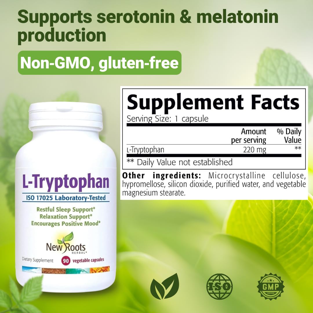Flacon de L-Tryptophan NEW ROOTS HERBAL sur une table