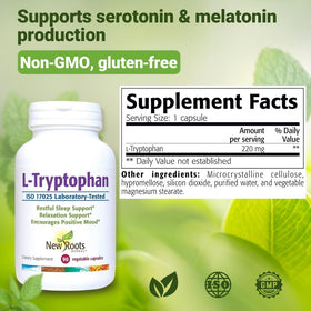 Flacon de L-Tryptophan NEW ROOTS HERBAL sur une table