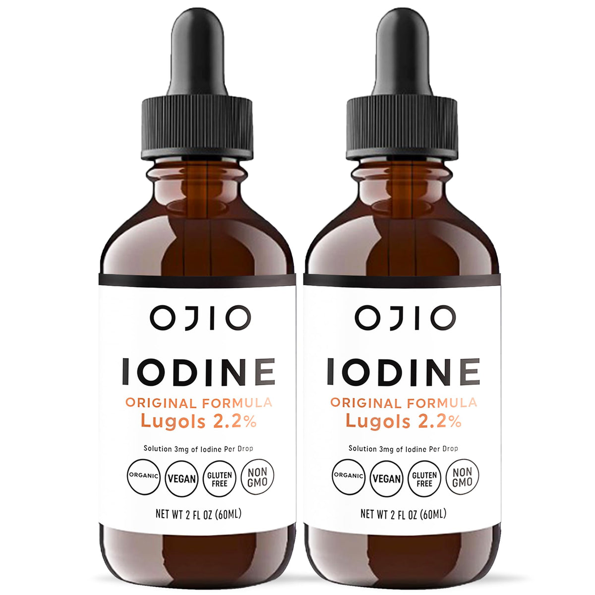 Flacon de la solution d'iode Lugol 2% d'Ojio vue de face