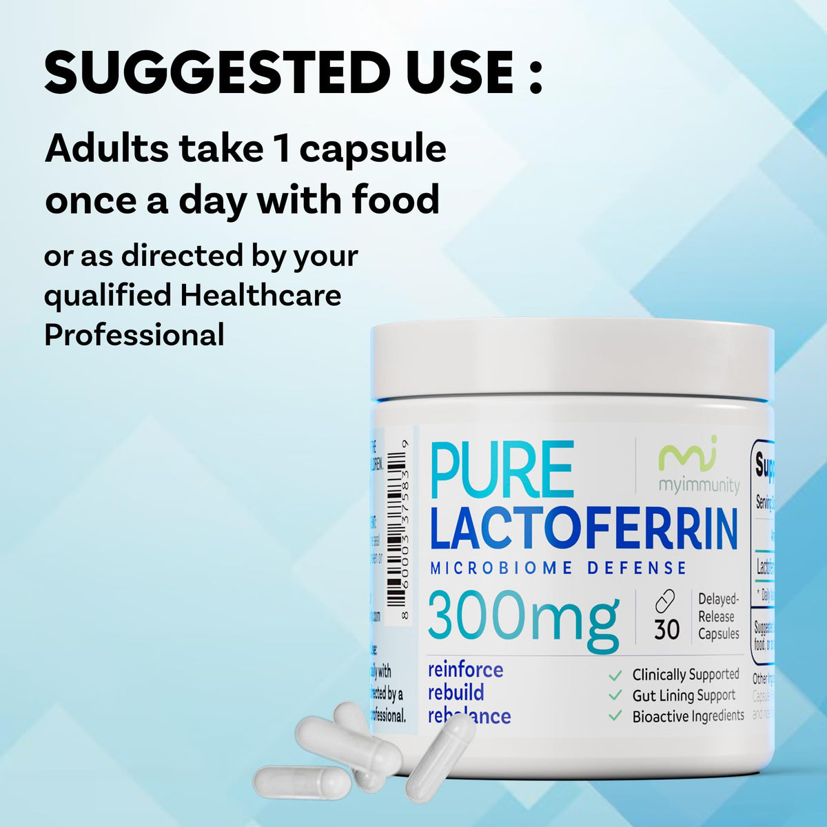 Flacon de lactoferrine MyImmunity avec dosage indiqué