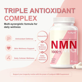 Flacon de Leafgush NMN 1000mg ouvert avec capsules visibles