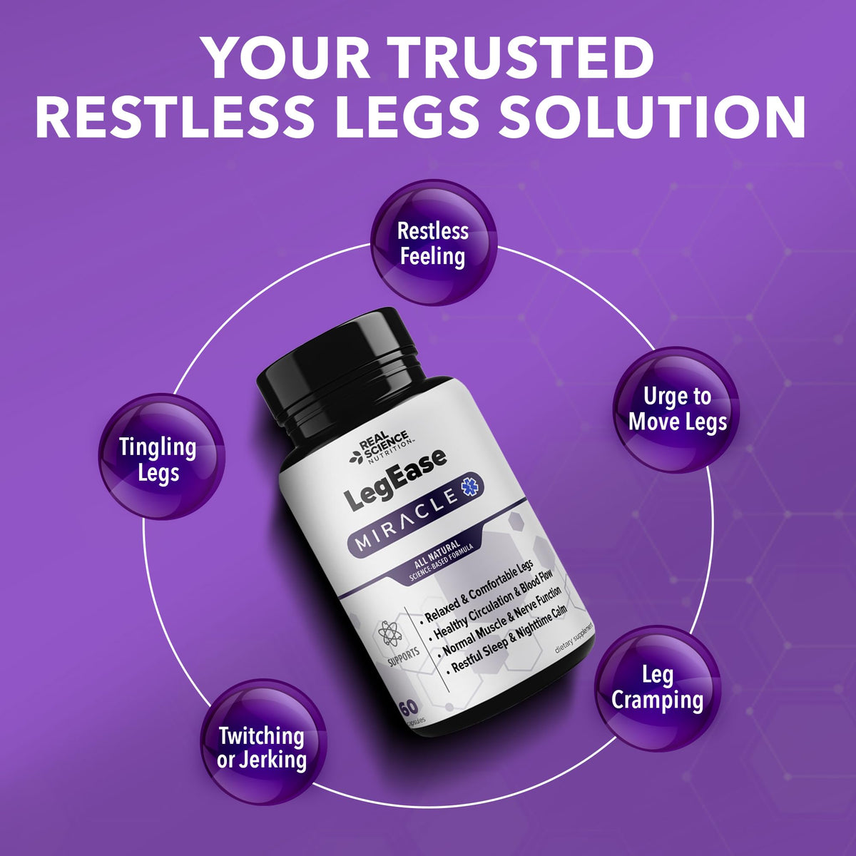 Flacon de LegEase Miracle ouvert avec capsules visibles