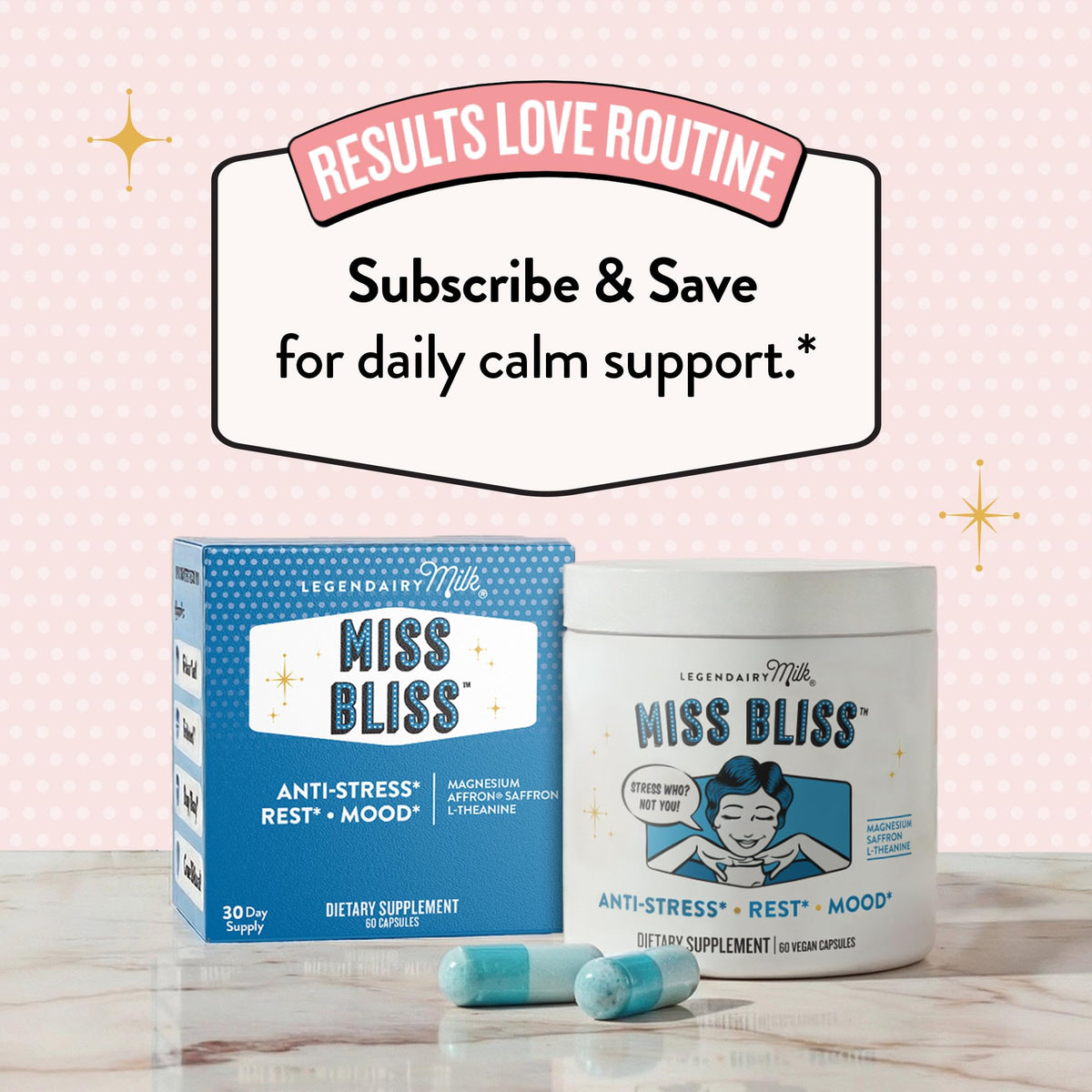 Flacon de Legendairy Milk Miss Bliss ouvert avec capsules