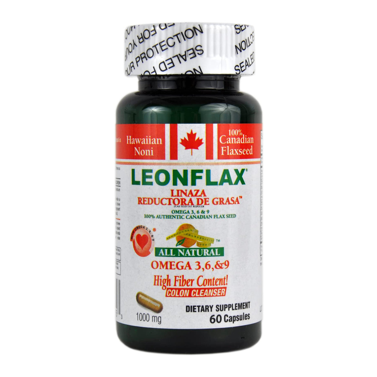 Flacon de Leonflax contenant 60 capsules de graines de lin canadiennes