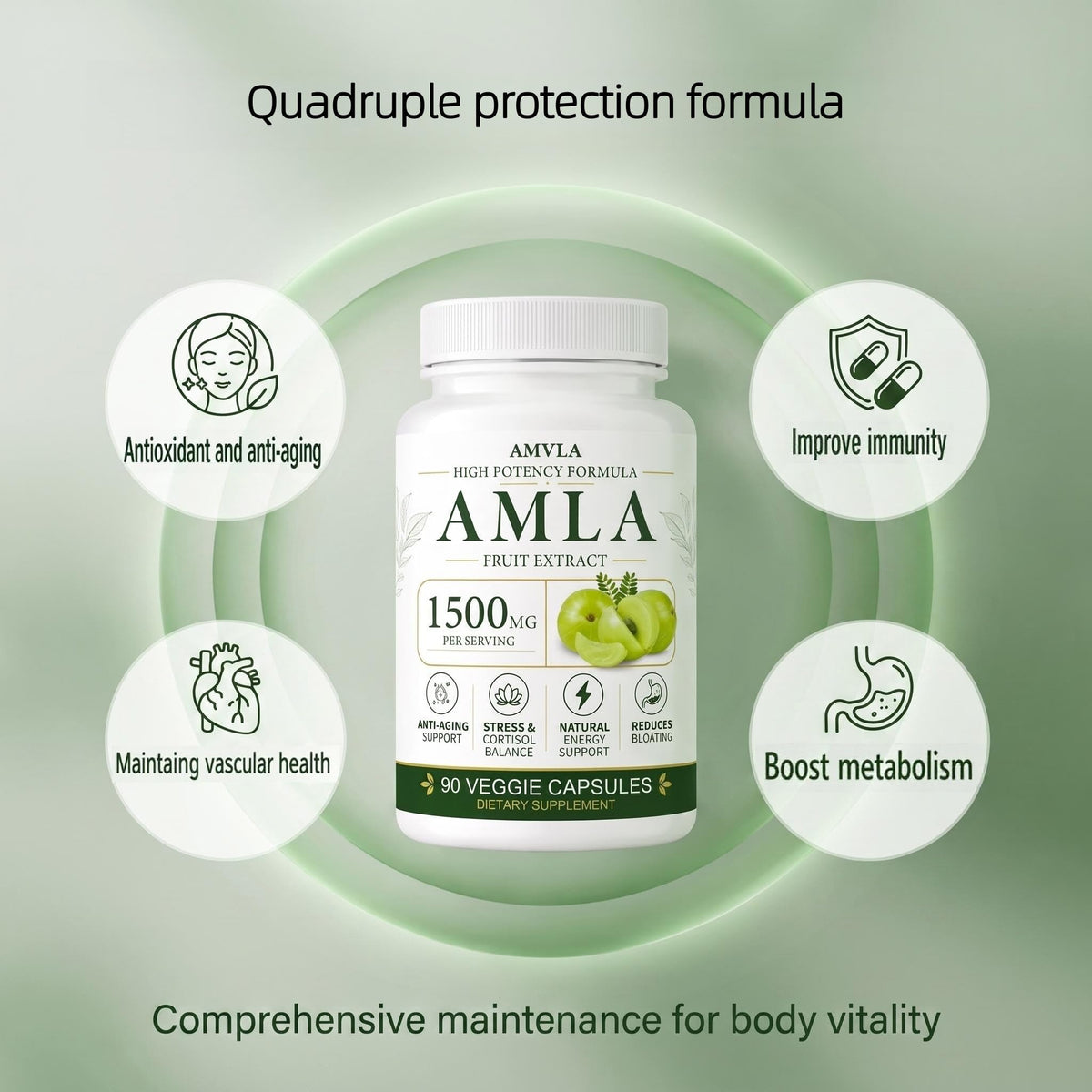 Flacon de LFKULJ Amla 1500 mg avec des fruits Amla en arrière-plan
