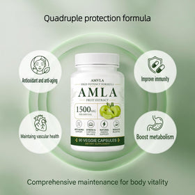 Flacon de LFKULJ Amla 1500 mg avec des fruits Amla en arrière-plan