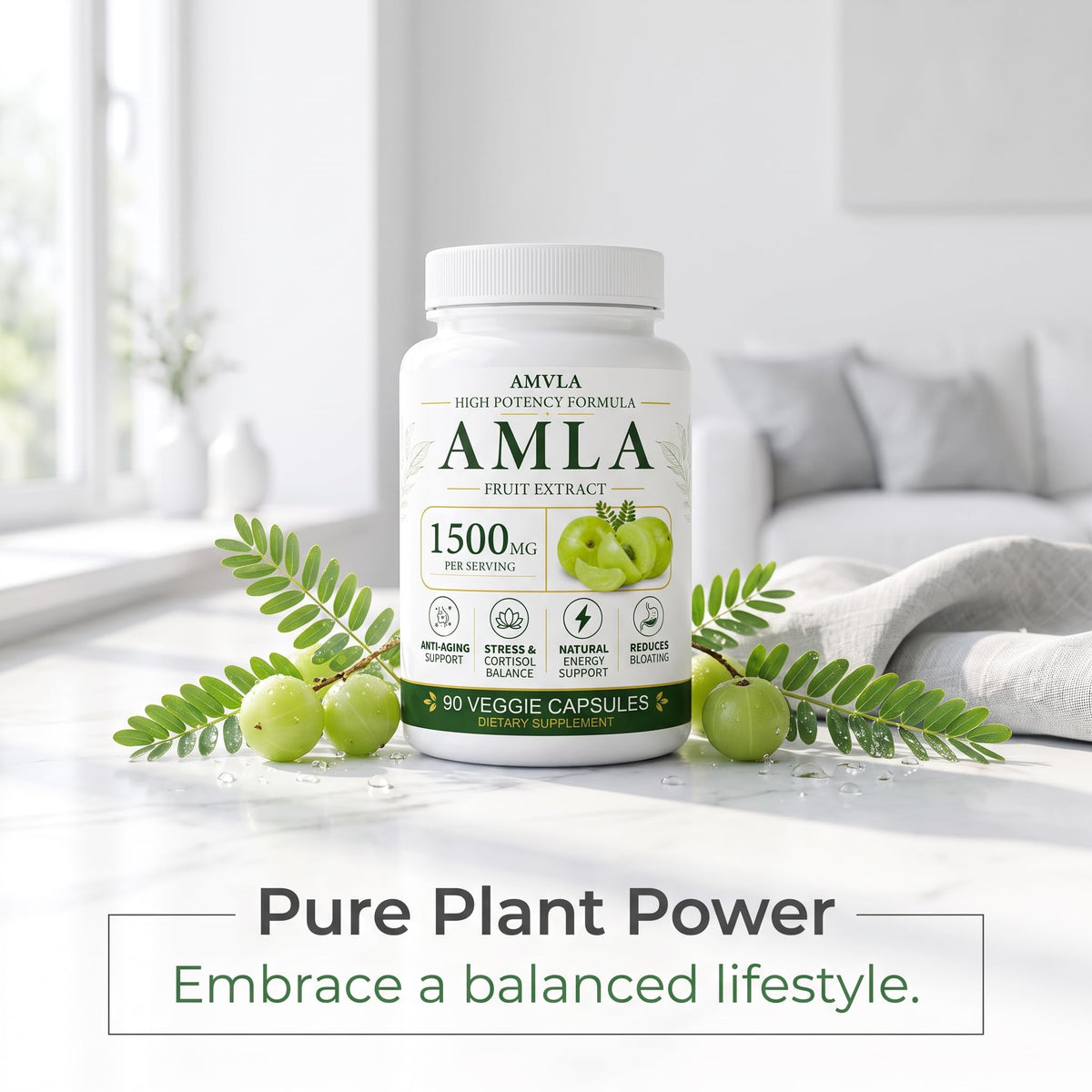 Flacon de LFKULJ Amla 1500 mg avec une main tenant une capsule